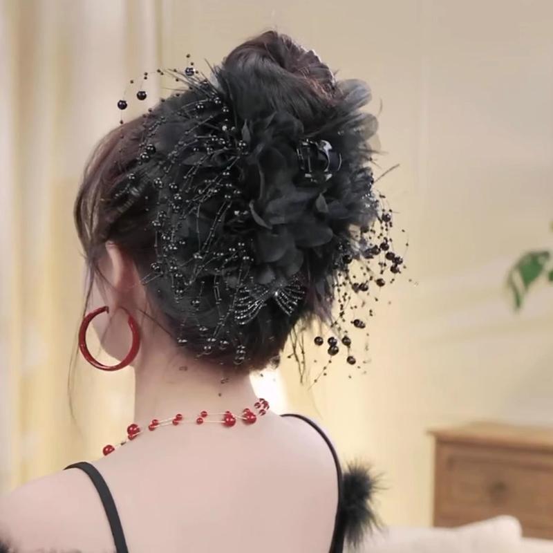 Korean Elegant Peony Flower Hair Claw Fashion Pearl Tassel Hair Clip Shark Clips For Women Girls Temperament Hair Accessories