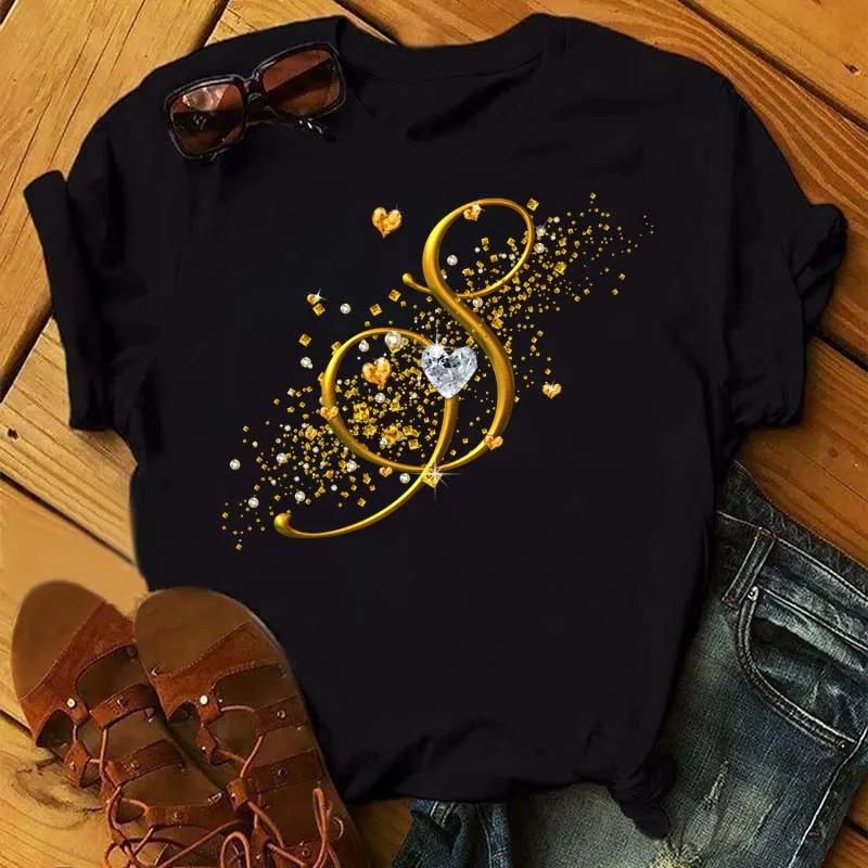 Custom Name Letter Combination Fashion Women T-shirt Diamond Gold Letter Font Short Sleeve Tops Black T-shirt
