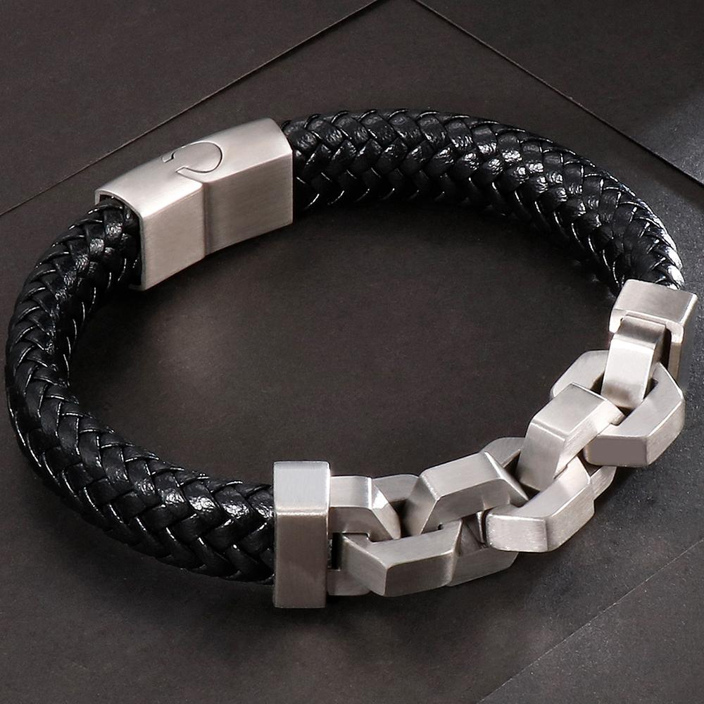Friendship Man Bracelets Stainless Steel Braided Genuine Leather Wristband Cuff Bracelet Men Jewellery Gifts for Boyfriend Him