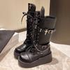 Fashion 2024 New Chunky Platform Punk Style Boots Women Zip Thick Sole Motorcycle Booties Fashion Metal Decor Street Shot Knight Boots