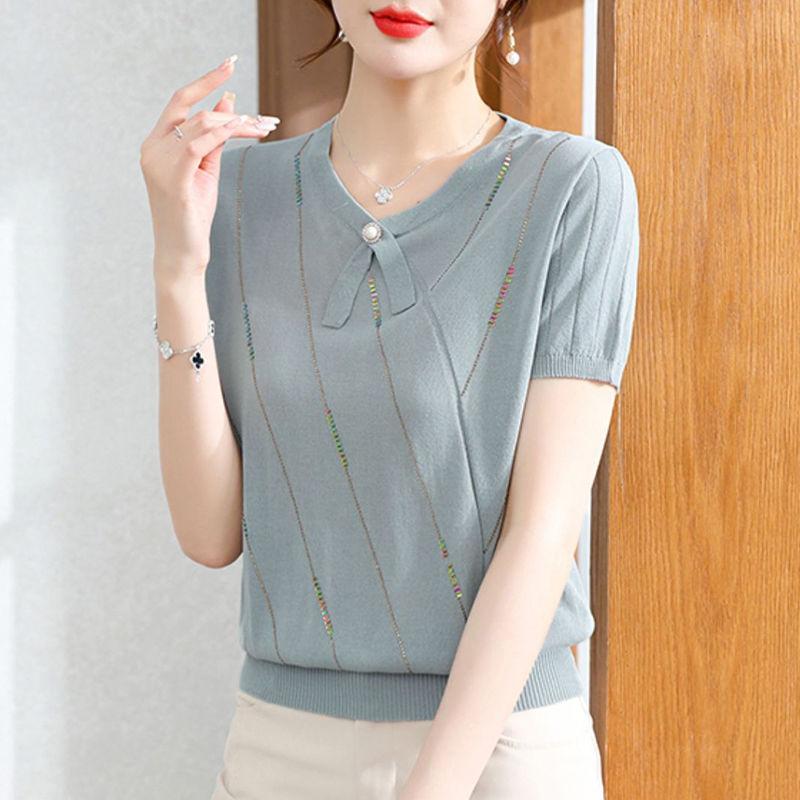 Ice Silk Short Sleeved Women's Knitted T-shirt Mom Summer T-shirt Loose and Thin Small Top