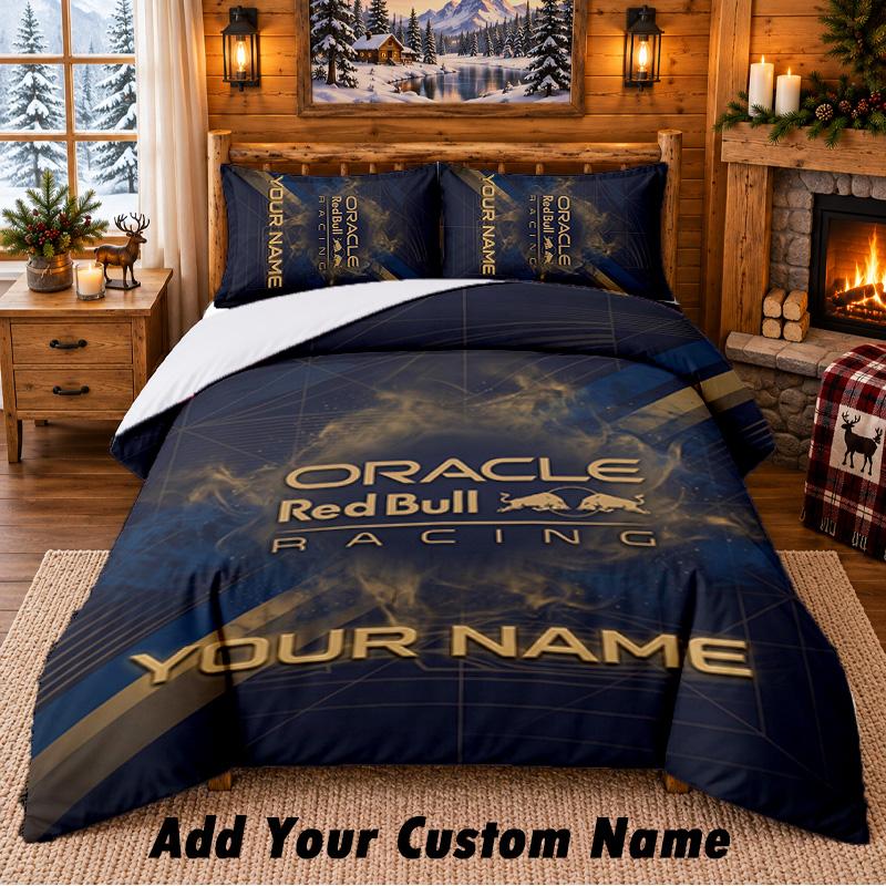 Juego de Ropa de Cama con Patrón Red Bull Racing de 3 Piezas con Nombre Personalizado, Sábana y Fundas de Almohada para Dormitorio del Hogar