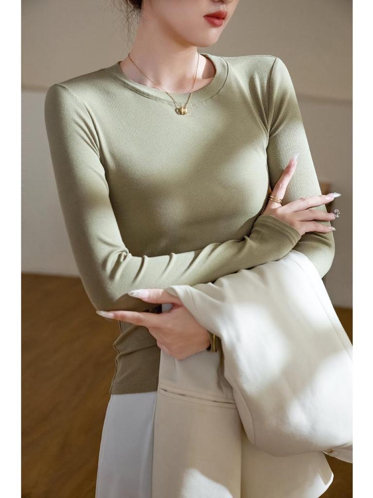 Damen Hochelastisches Baumwoll-Rippstrick Rundhals Langarm Base Layer Oberteil - 2025 Herbst/Winter Kollektion