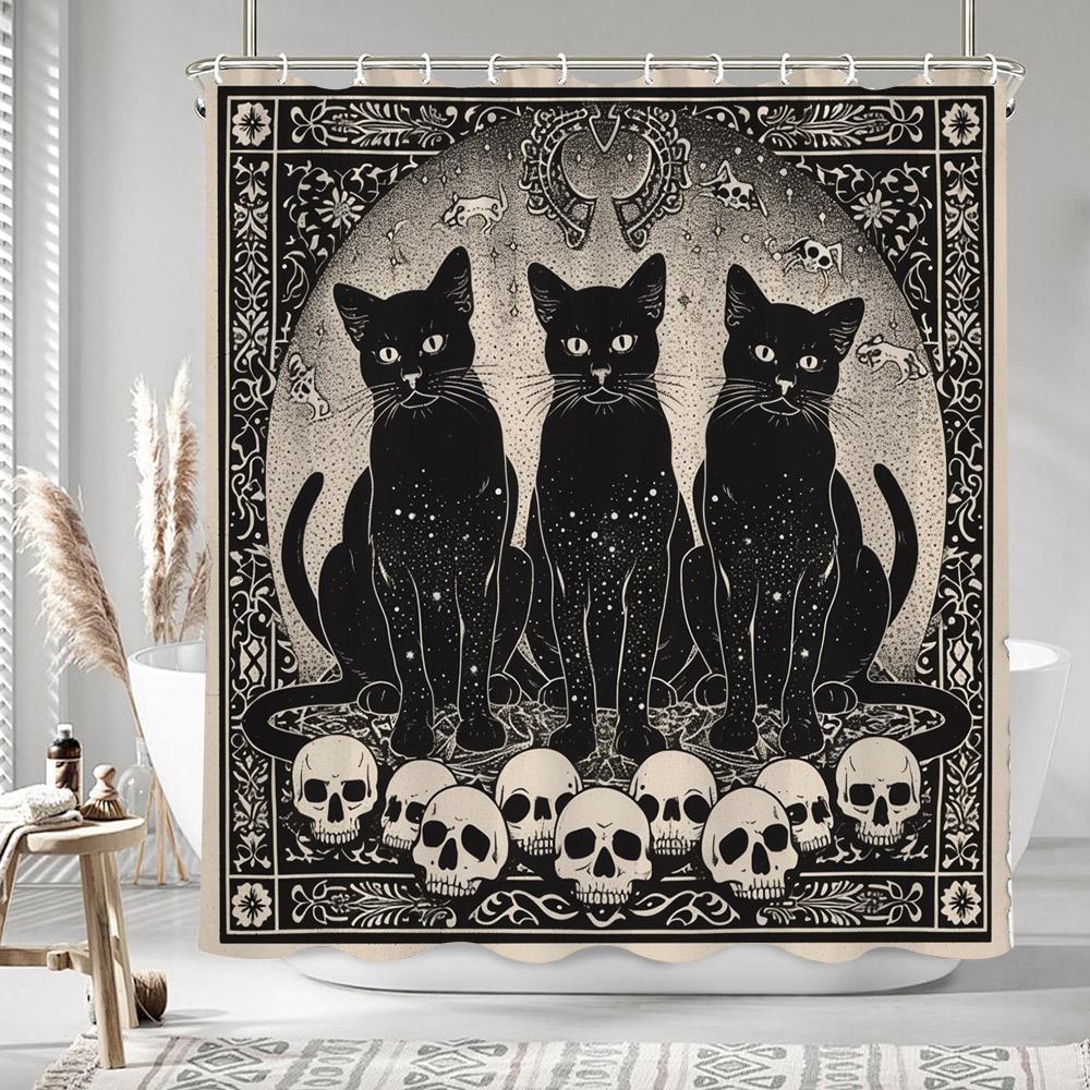 Schwarze Katze Ölmalerei Kunstwerk Duschvorhang Bohemian Sandfarben Bunt Bemalt Polyester Badezimmer Vorhänge Badezimmer Dekor mit Haken
