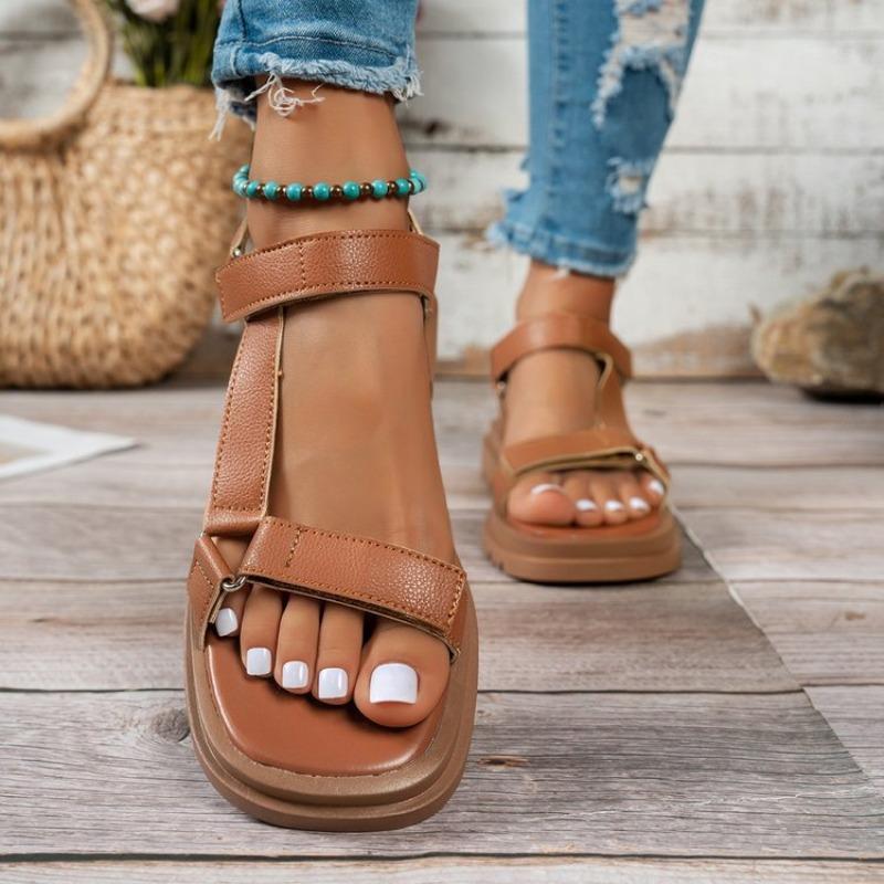 

New Style Women s Shoes Velcro Flat Flat Cool Square Toe Slippers 42 темно-коричневого кольору