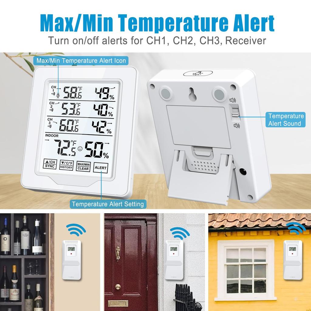 Multiple Room Wireless Thermometers Hygrometer 3 Sensors Indoor Outdoor Temperature Humidity Monitoring Display Alarm