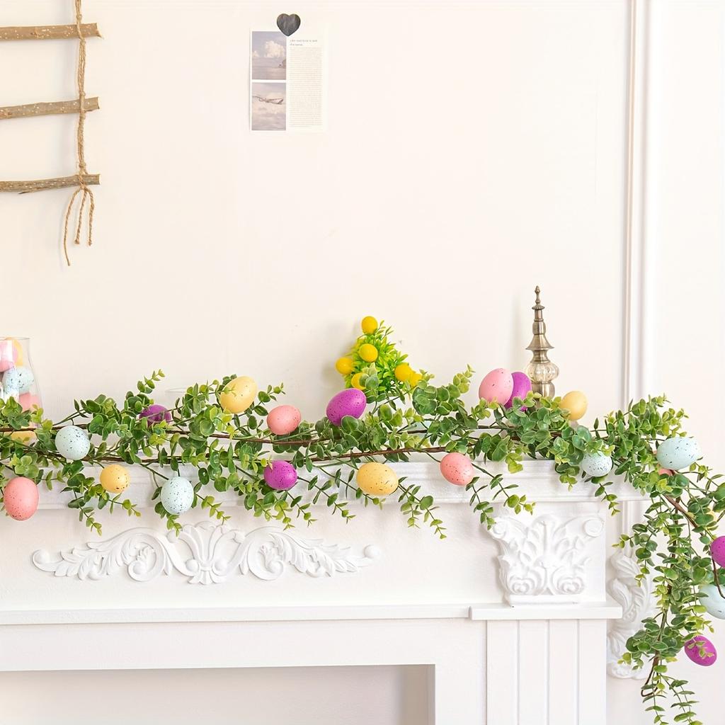 1pc 66.9 Inch Handmade Easter Garland, Indoor/Outdoor Decor with Mini Eggs and Eucalyptus Leaves for Easter Celebration