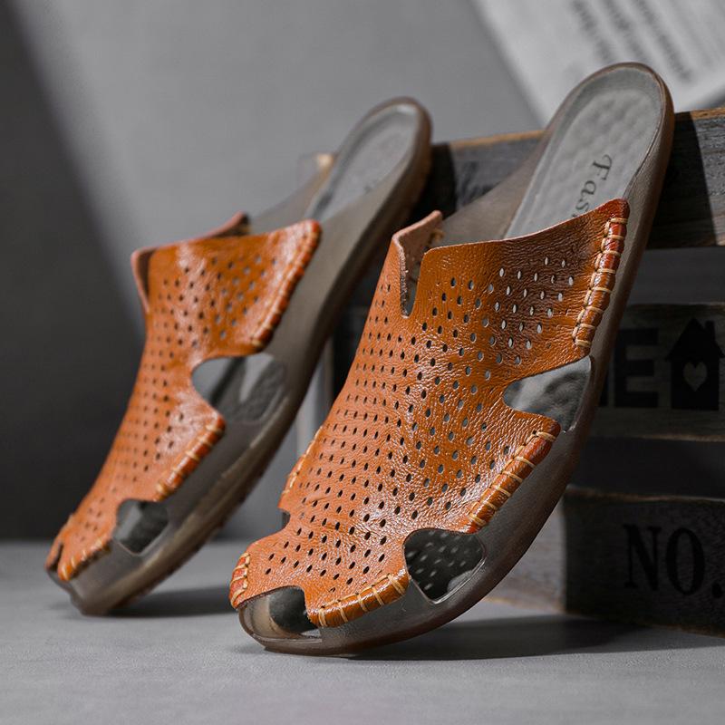 Large Size Handmade Bag Head Slippers Real Cowhide Men's Summer Outdoor Sandals Home Half Drag Korean Version Personalized Beach Shoes