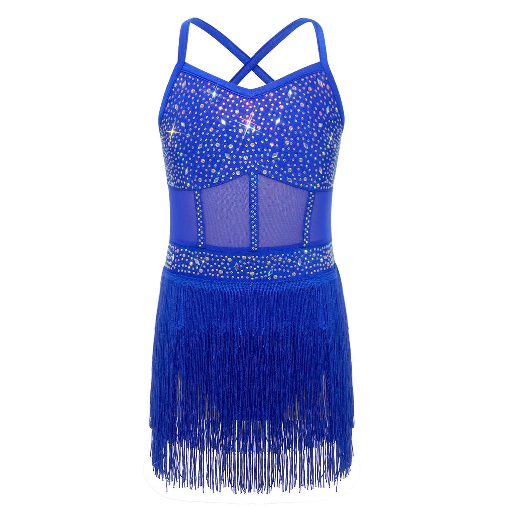 Sukienka na występ w tańcach latynoamerykańskich i tango dla dziewczynek: Strojowy body z naszywkami z dżetów i siateczką, z wielopoziomowym frędzlem