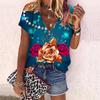 Women's Top Summer New Fashion Rose Flower Gorgeous Flowers Printed Casual Zipper V-neck Short Sleeve Top