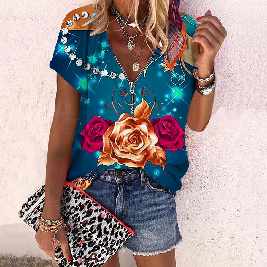 Women's Top Summer New Fashion Rose Flower Gorgeous Flowers Printed Casual Zipper V-neck Short Sleeve Top