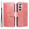 For Samsung Galaxy S24 FE Leather Case Wallet Stand Grids Imprinted Phone Cover with Strap