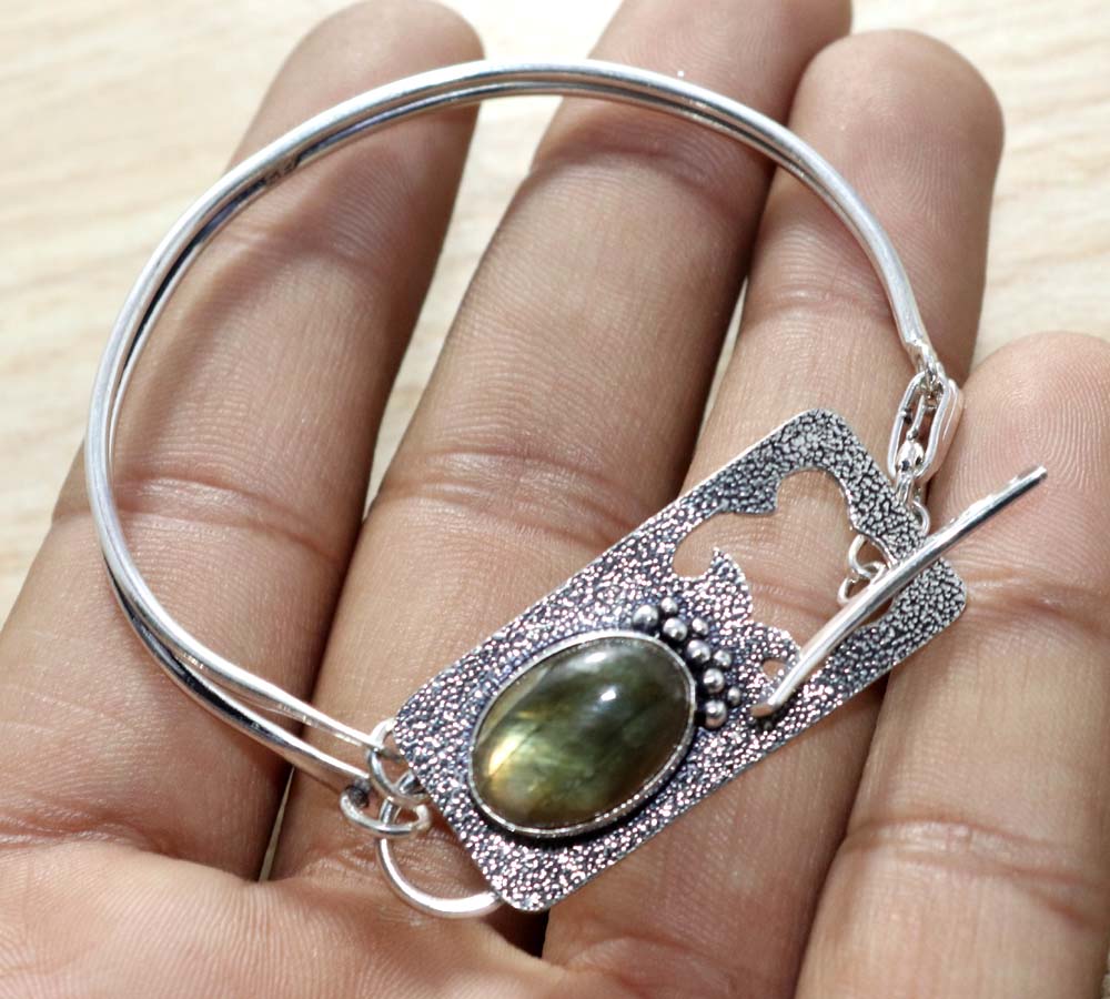 Fiery Labradorite 925 Silver Plated Bangle 7" Holiday Theme Jewelry Trendy z3t36