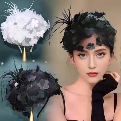 Cerchietto per Capelli con Cappello di Piume Bianco/Nero Fascia per Capelli Elegante in Rete Cappello di Filati a Rete alla Moda per Donne