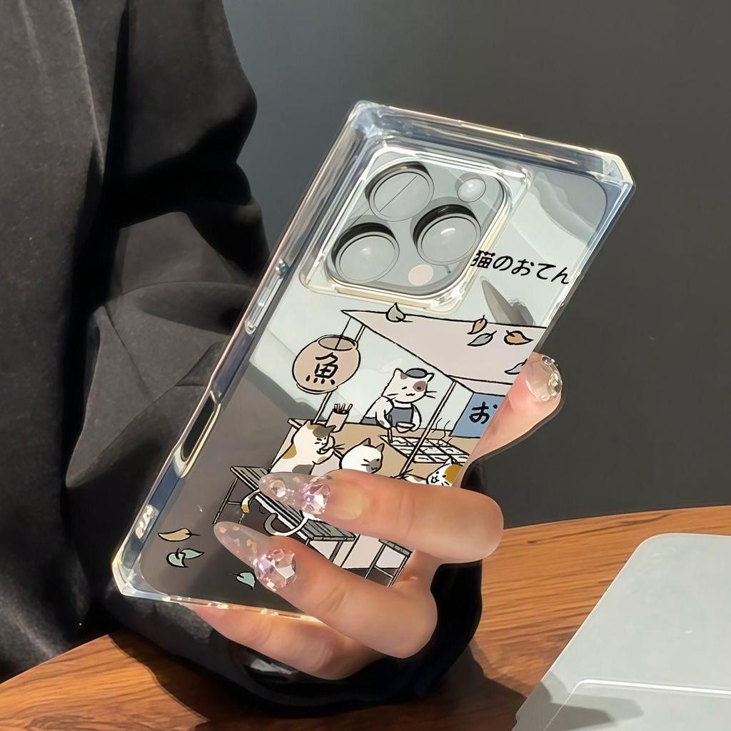 Square Back Tube Protection Clear Case For iPhone 11 14 Pro Max 16 ProMax 15 Plus 12 13 Anti-Oxygen,Cooking Cat Pattern Casing