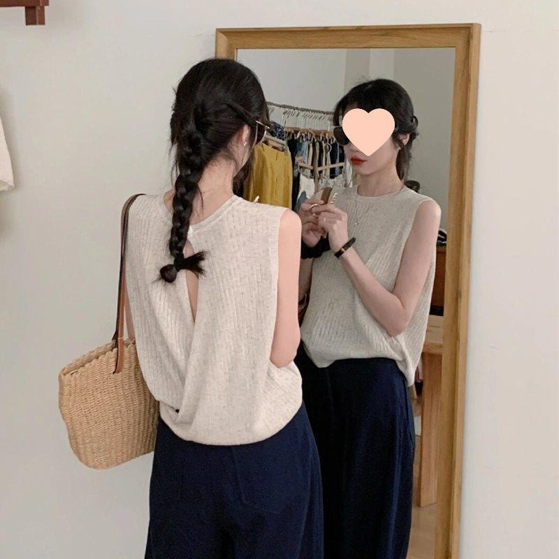 Women's French Sleeveless Knit Camisole - Open-Back Linen Tank Top for Summer