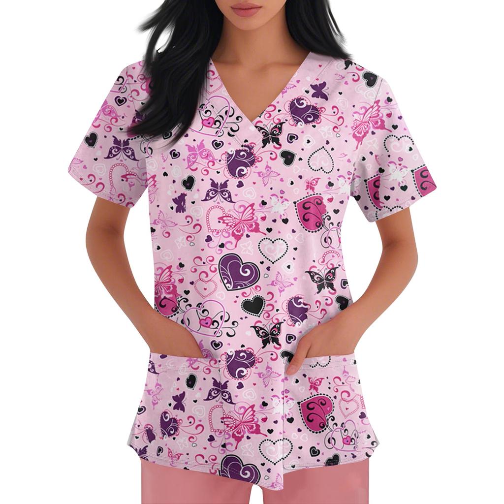 Women's V-neck Cartoon Printed Short-sleeved Pocket Side-slit Protective Suit Top