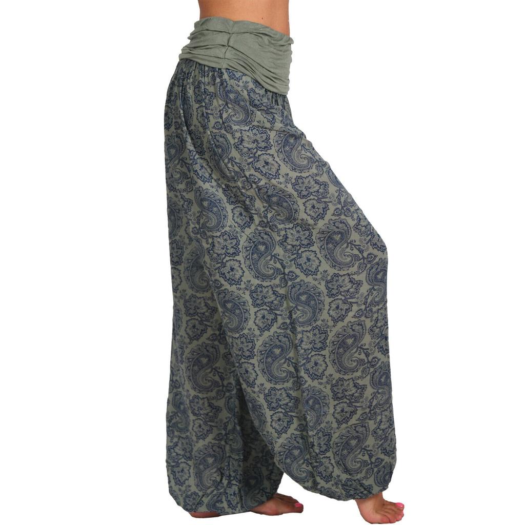 Women Casual Boho Print Pants Wide Leg Pants Loose Pocket Button Pants