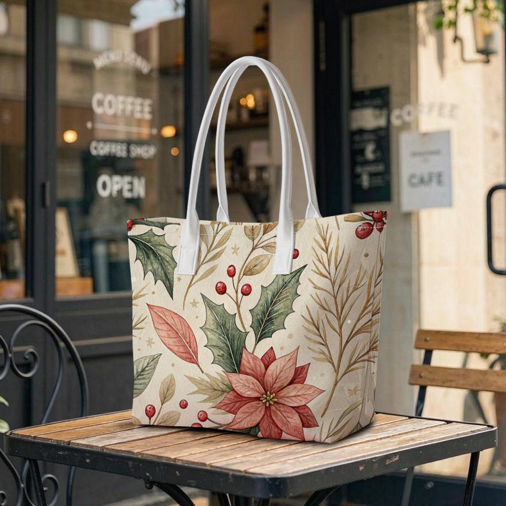 Christmas Botanical Printed Tote Bag Casual All-match Large-capacity Portable Handbag for Daily Use