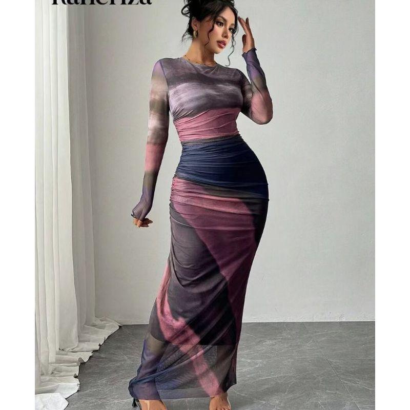 European and American Ins Style Tie-dye Pleat Slim Fit Slimming Sexy Dresses for Women Round Neck Long Sleeve High-Grade Temperament Long Dress Women