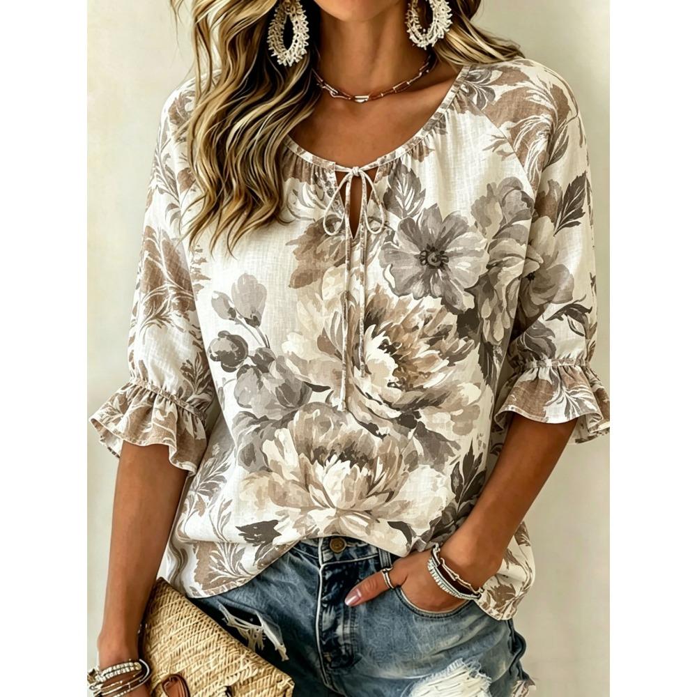 Retro Fashion Half Sleeve Loose Blouse, Textured 3D Print Decoration, Figure-Friendly Comfortable Summer New Style