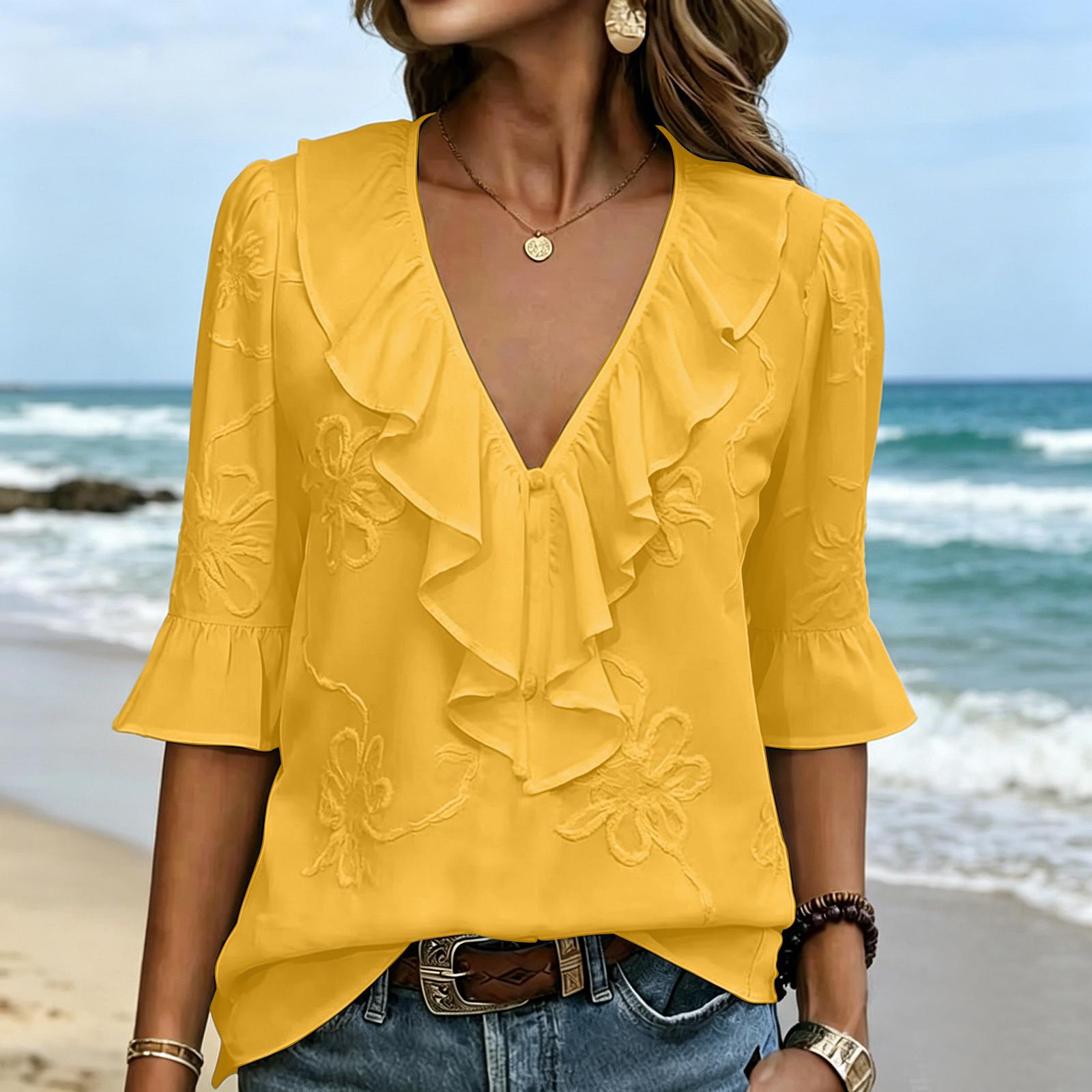 

Girls Color Fashionable Elegant Ruffle V-neck Five Quarter Sleeve Embroidered Top L жёлтый