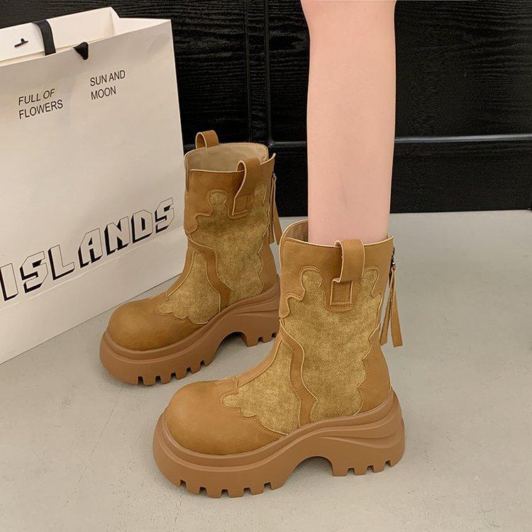 National Style 2025 Autumn New Single-layer Leather with Cloth Thick-soled Denim Fashion Explosion Martin Boots Children's Round Head Short Boots