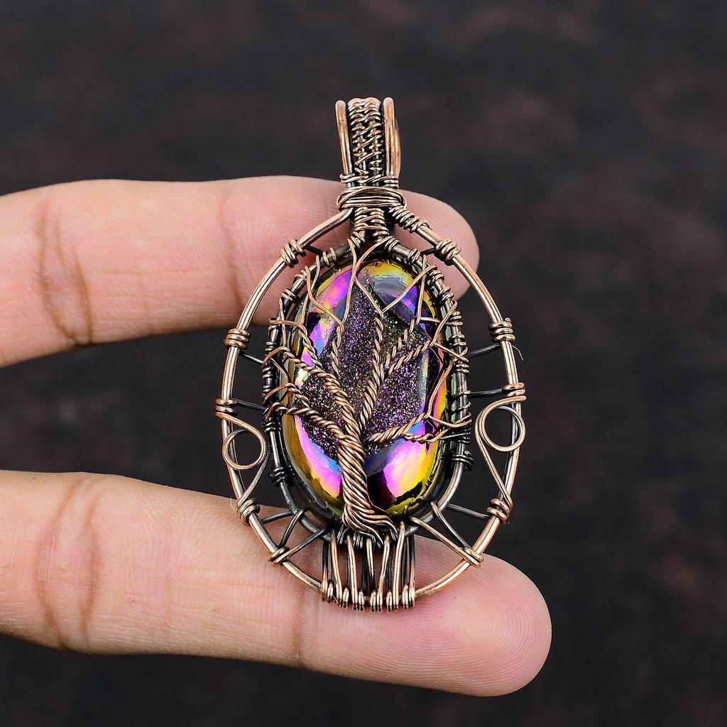 Tree Of Life Titanium Druzy Pendant Copper Wire Wrapped Pendant Handmade Pendant Titanium Druzy Jewelry Gemstone Copper Jewelry Gift For Mom