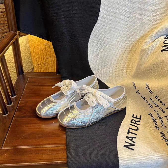 

Версия из овчины~ Серебристые нишевые балетки на шнуровке с мягкой подошвой и плоским каблуком, женские туфли Мэри Джейн с круглым носком и открытым верхом 40