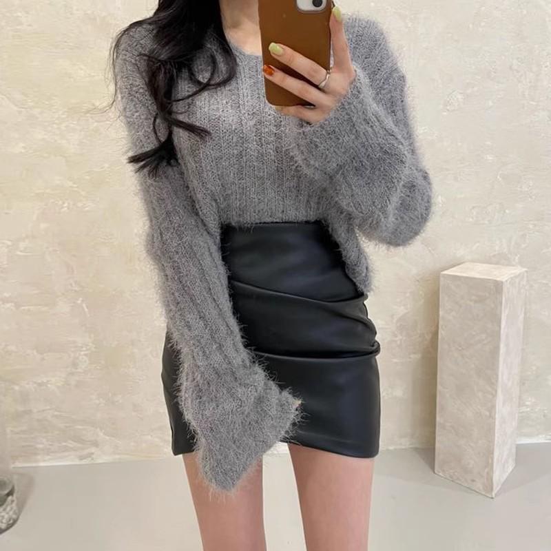 2025 Autumn Black PU Leather High-Waisted Bodycon Skirt for Petite Women