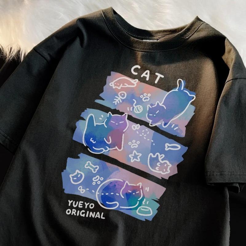 2026 New Summer Unisexs Tshirt 100 Pure Cotton Printed With A Three Cats Pattern Versatile Trendy Loosefit And Stylish