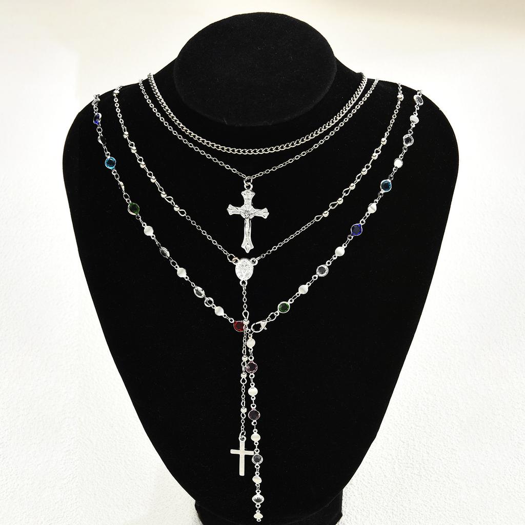 Retro Creative Colorful Zircon Tassel Chains Cross Pendant Multi-layer Necklace for Women Fashion Collar Chain Jewelry Accessory
