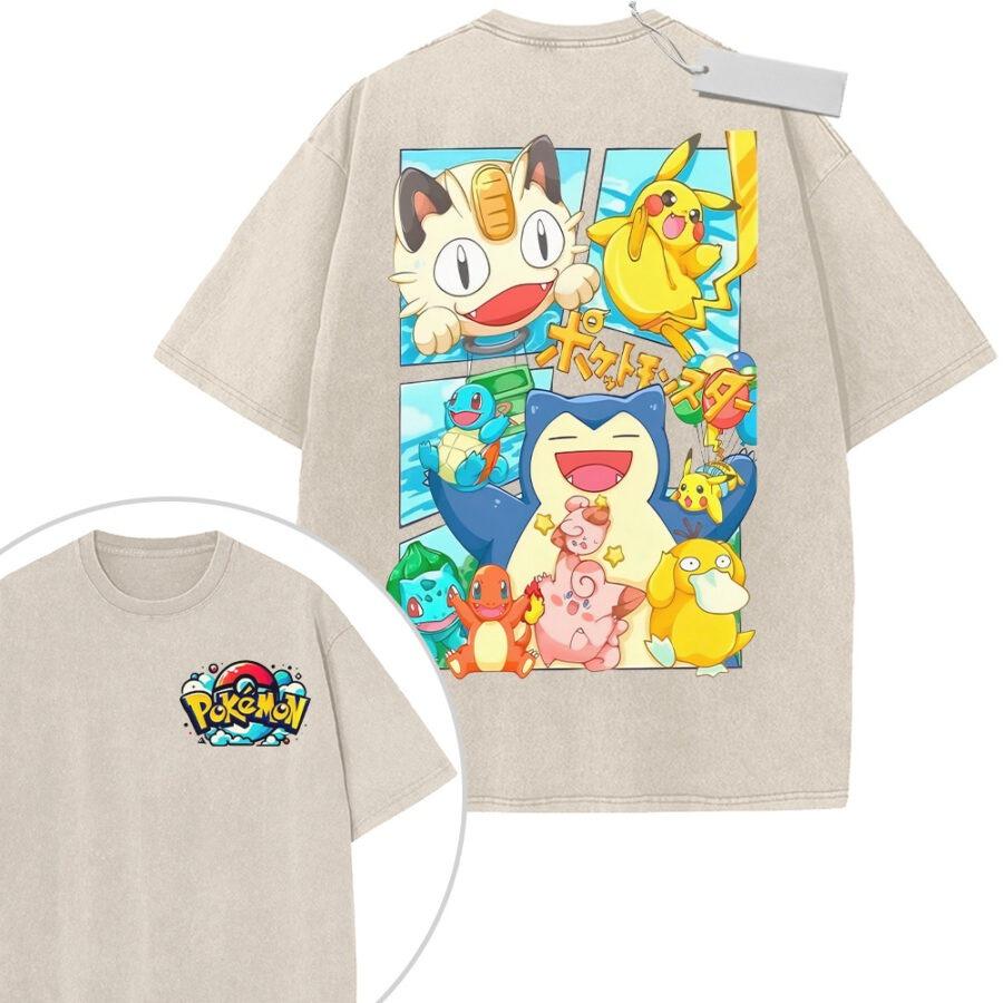 Unisex Washed Beige Vintage Tshirt Pokemon Multiple Characters Highquality Fabric for Home Leisure Travel Shopping
