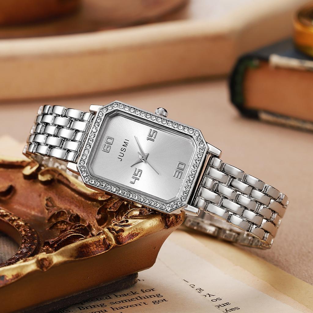 Fashion Set with Diamond Small Square Plate Women's Quartz Watch Bracelet Set of 2 for Holiday Anniversary Gifts