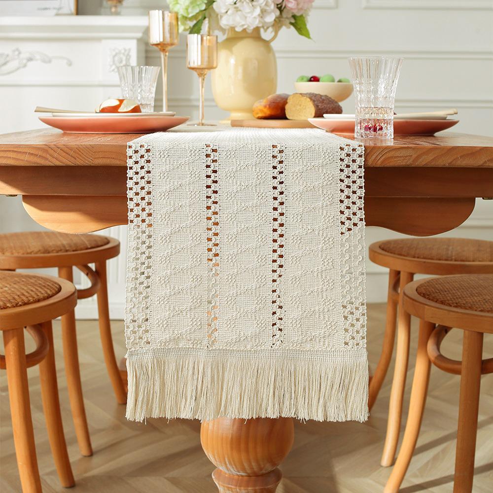 Vintage Cotton Linen Table Runner with Tassel Fringe – Light Luxury for Coffee Tables, Dining Tables, TV Stands, Chests, Shoe Cabinets, or Sideboards.