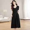 Hepburn-Inspired Women's U-Neck A-Line Summer Dress, Short-Sleeve, Slimming, Waist-Cinching, Long Style