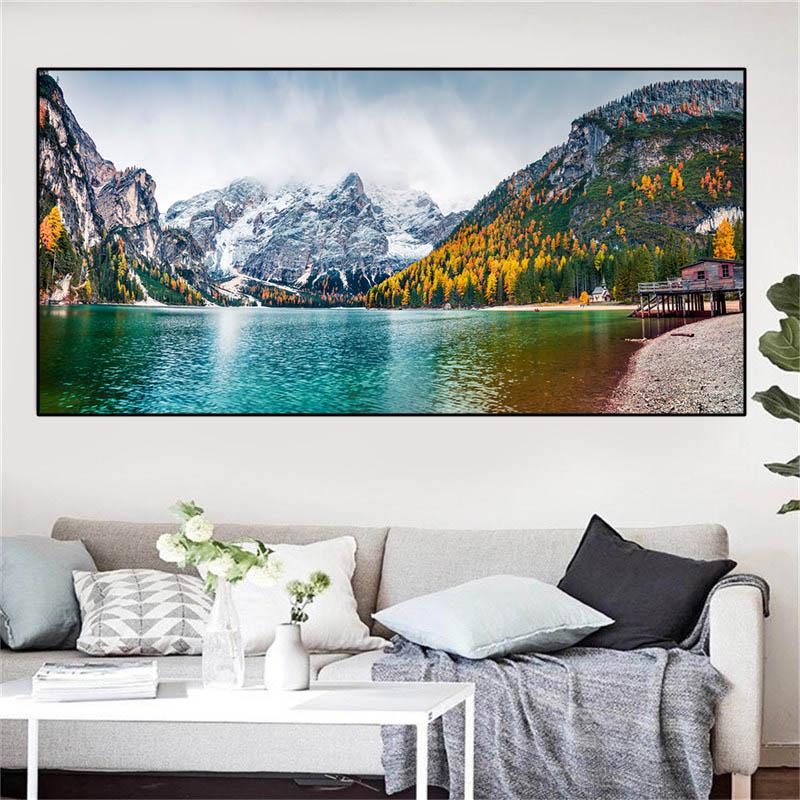 Natura Lac Pădure Alpi Munte Pânză Pictură Peisaj Zăpadă Vedere Postere și imprimeuri Artă de perete Poze Decor Home Fără cadru