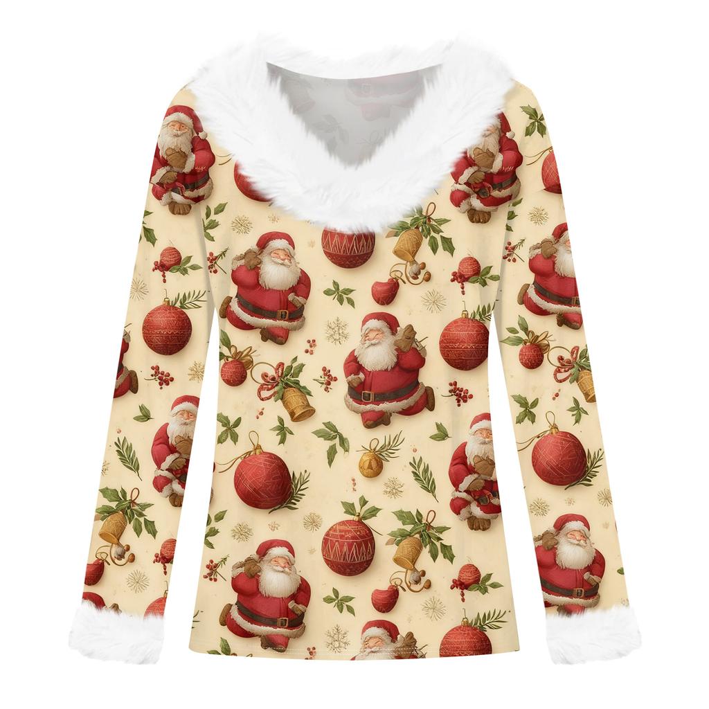 Women's T Shirt Tee Christmas Shirt Long Sleeve Party Christmas Print Fleece Collar V Neck Top