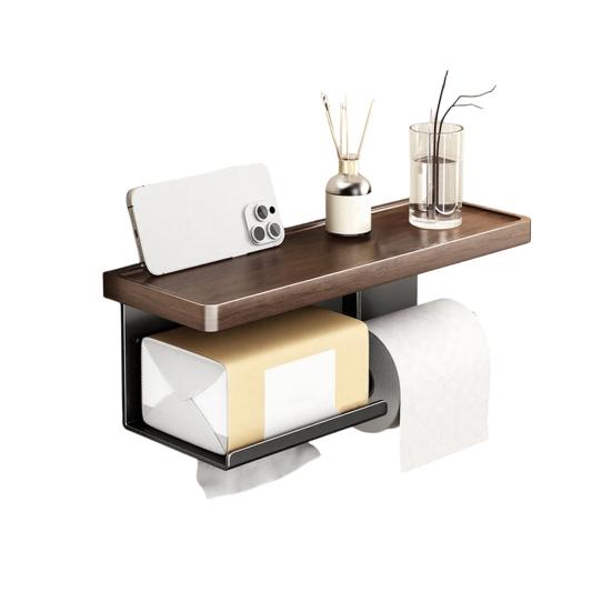 Wall Storage Rack Strong Load-Bearing Wall-Mounted Organizer with Rounded Paper Outlet Smooth Pull-Out Multifunctional Wood Metal Bathroom Shelf
