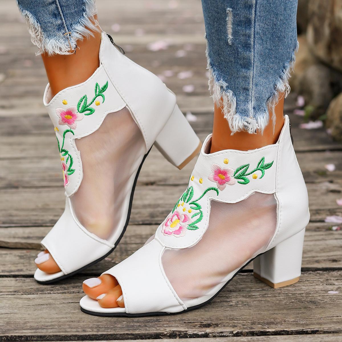 

Модные женские ботильоны с вышитыми цветами 2024 года, летние дышащие сетчатые классные ботильоны, женские сексуальные босоножки на толстом высоком каблуке с открытым носком 35 белый