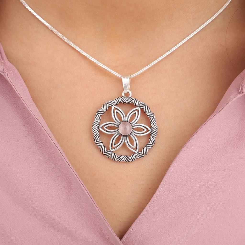 Natural Rose Quartz Gemstone 925 Sterling Silver Jewelry Handmade Pendant1.48" CP-29-31