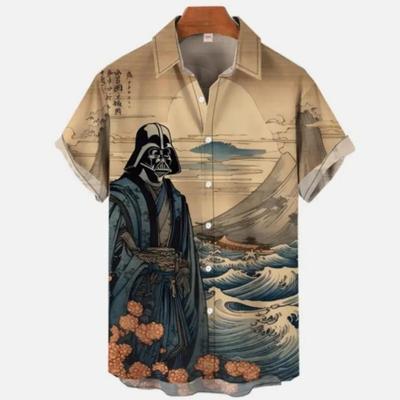 Vintage Herenhemd Ukiyo-E Retro Gemaskerde Samoerai Landschapsschilderij Print Korte Mouw Shirts Los Oversized Herenkleding Tops