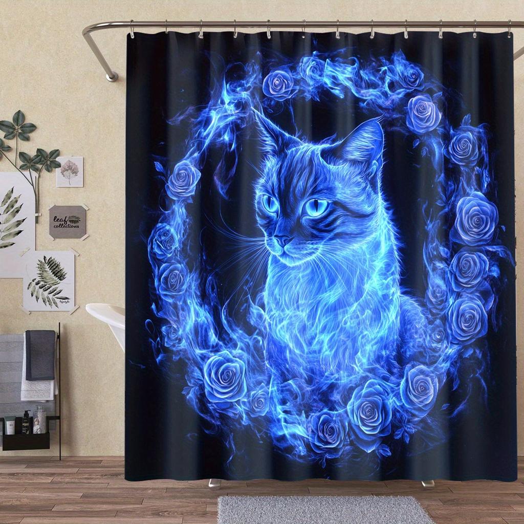 1Pc Whimsical Cat & Rose Digital Printed Shower Curtain - Vibrant Blue Polyester Fabric With Hooks, Stylish Bathroom Decor For
