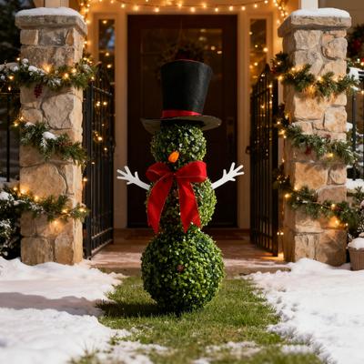 Yousheng Weihnachts-Schneemann-Formschnitt Künstlicher Schneemannförmiger Formschnittbaum mit Schleife und Hut Outdoor Buchsbaum-Formschnitt mit Pfahl für Heim-Veranda-Dekoration