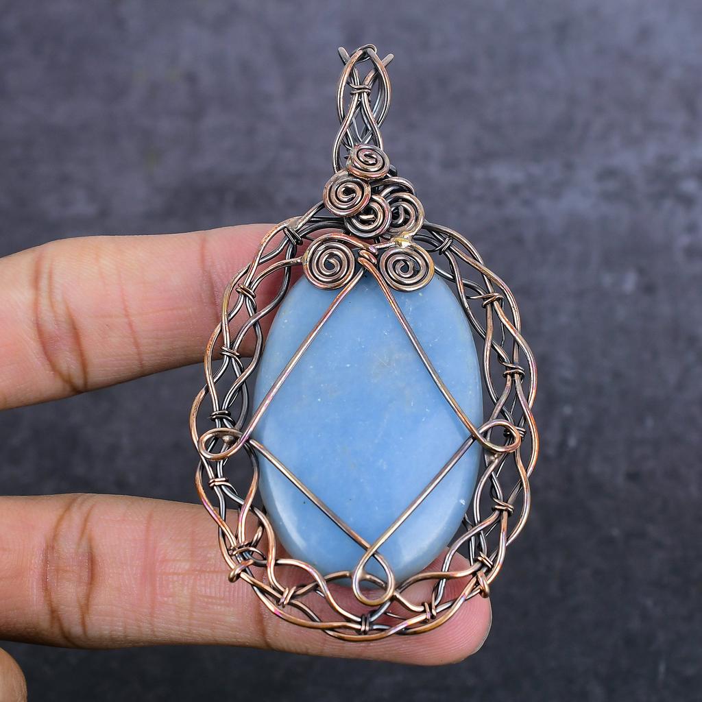 Natural Angelite Stone Gemstone Copper Wire Wrap Jewelry Pendant 3.47" g3K04