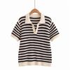 2025 Spring/Summer Women's Striped Short-Sleeve Polo Collar Knitted Sweater - Casual & Versatile