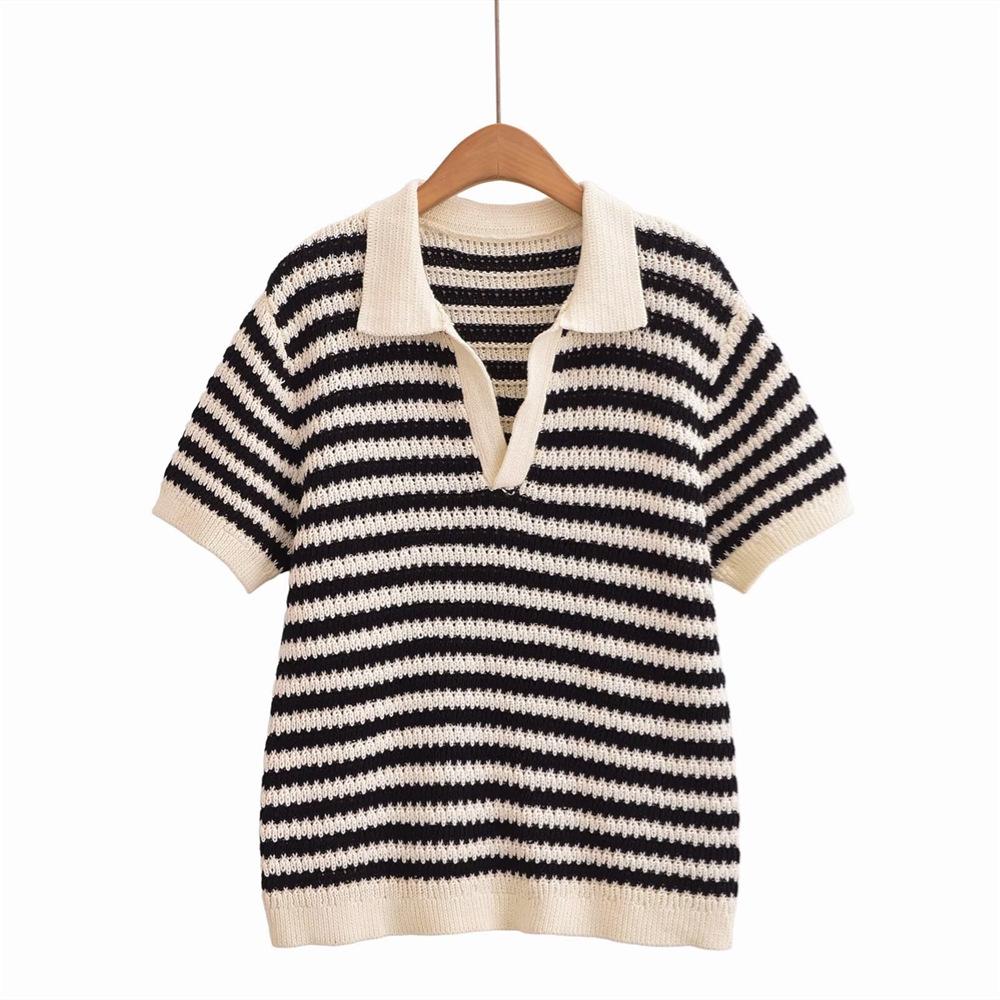 

2025 Spring/Summer Women s Striped Short-Sleeve Polo Collar Knitted Sweater - Casual & Versatile Large