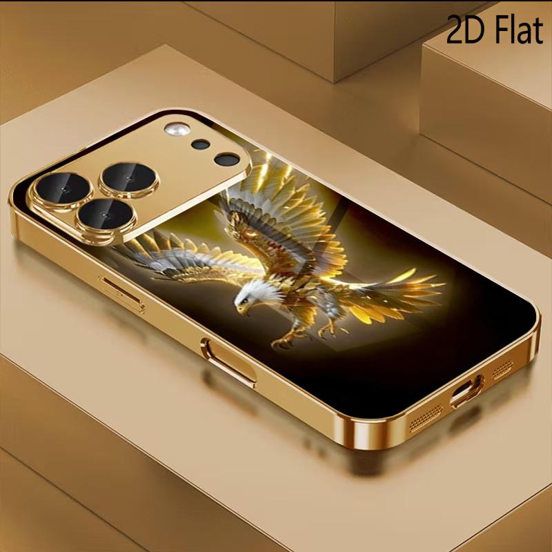 Golden Eagle Patterned Tempered Glass Design for iPhone16 17 ProMax 1514 1312 11ProMax Phone Case Camera Cover Shockproof Hard B