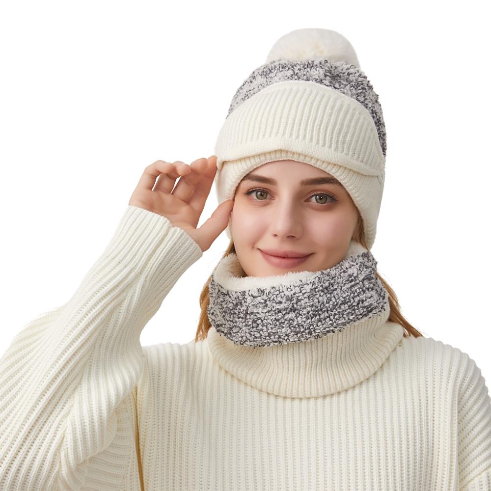 Slouchy Winter Beanie Hat with Pompom Knitted Balaclavas Hat Face Mask Neck Scarf