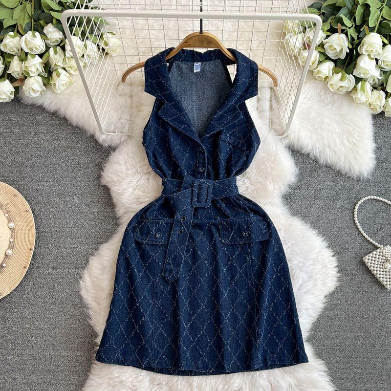 

Summer New Arrival This Year s Popular Denim Skirt Vintage Suit Collar Diamond Plaid Mechanism Waist-Tight Slim Looking Dress Women s Clothing Blue L